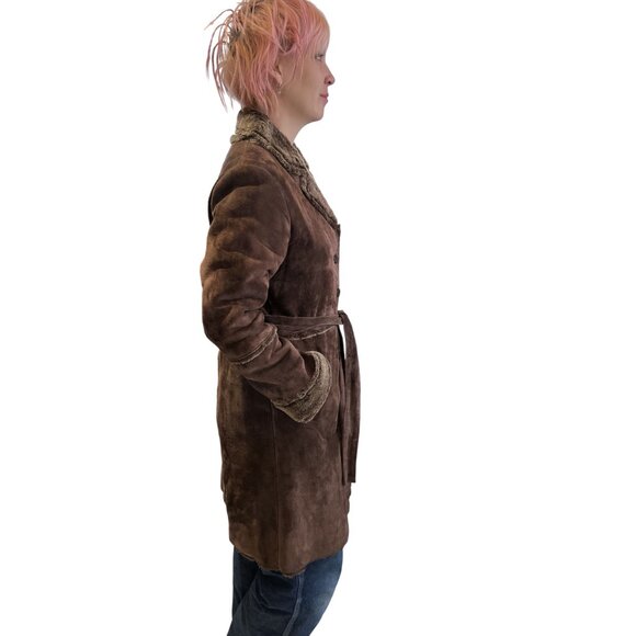 Y2K Brown Suede Penny Lane Coat Faux Sherpa Lining Fur Collar & Cuffs - Picture 4 of 12